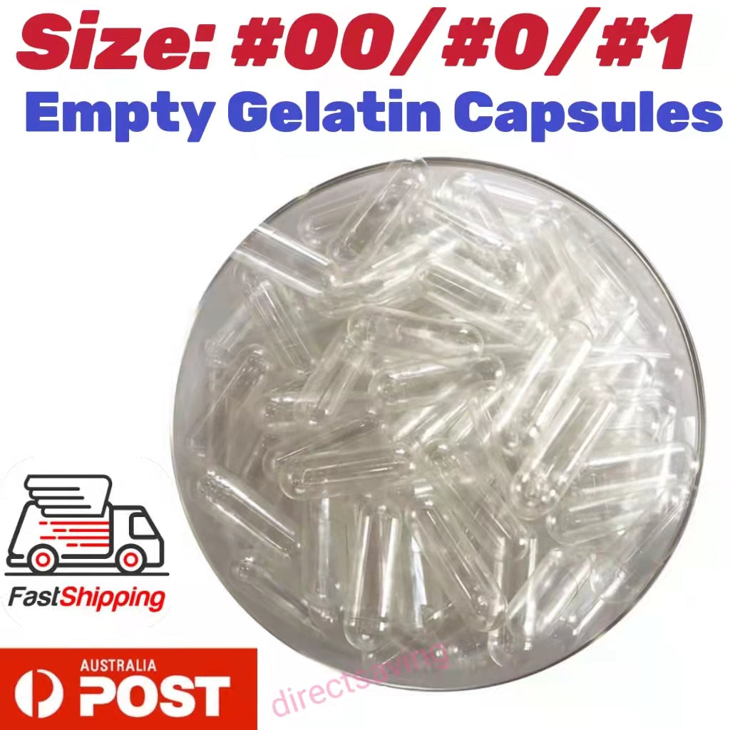 Empty gelatin capsules with size indication and Australia Post logo on a white background