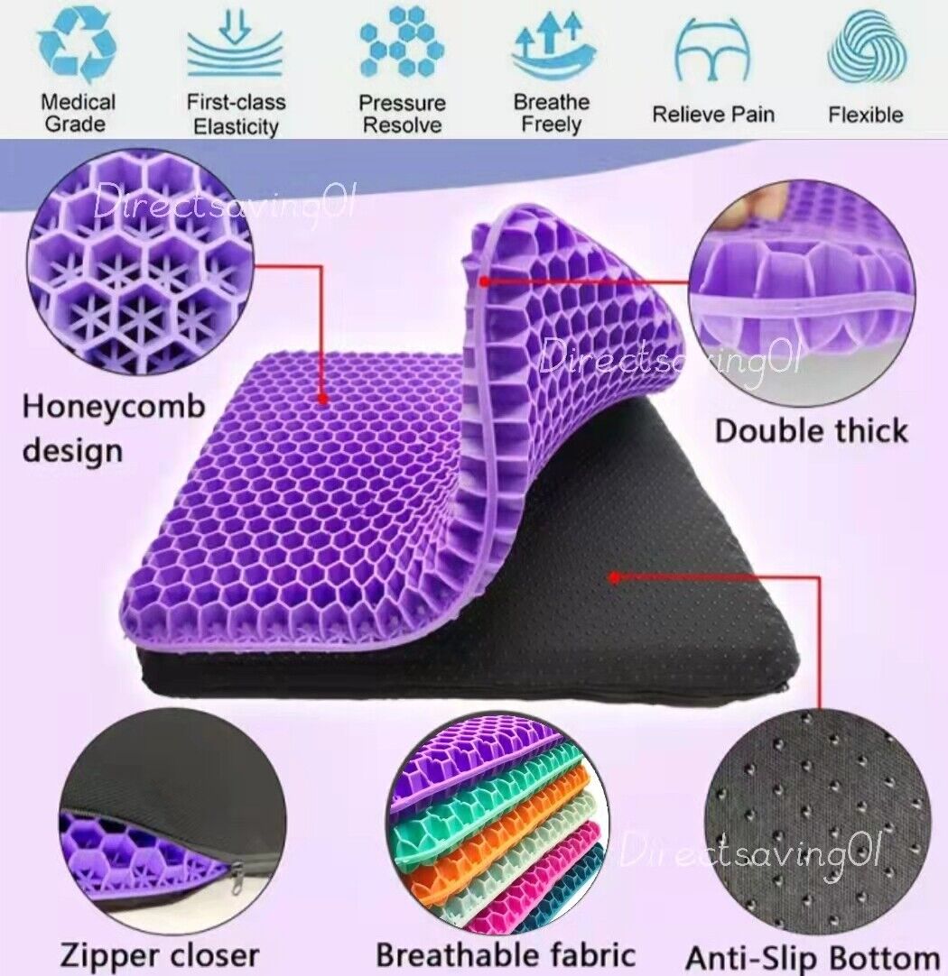 Double Layer Gel Honeycomb Seat Comfort Cushion Spine Pain Relief Flex Back Support （Purple)