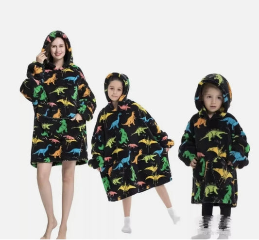 Hooded Blanket Adult Kid Baby Winter Warm Oversize Comfy Sweatshirt Hoodie (Dinosaur)